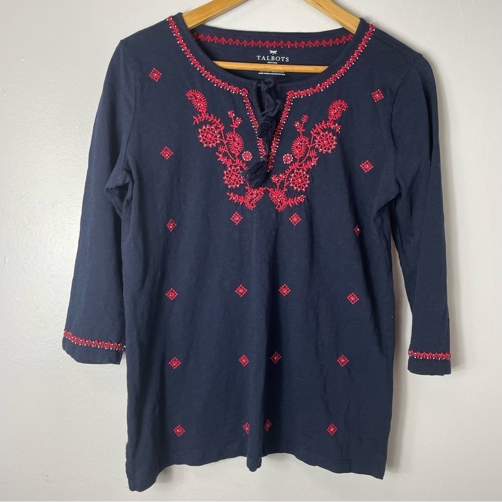 Talbots Blue & White Striped Floral Embroidered Bell Sleeve Blouse Sz SP